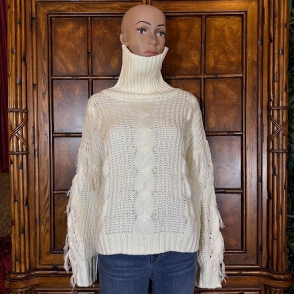 Connoto Ivory Cable Knit Fringe Sleeve Ribbed Turtleneck Sweater - Picture 1 of 16